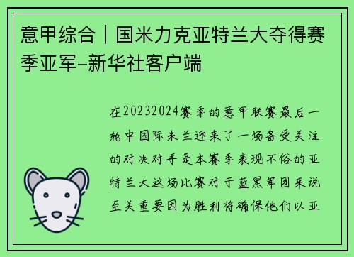 意甲综合｜国米力克亚特兰大夺得赛季亚军-新华社客户端