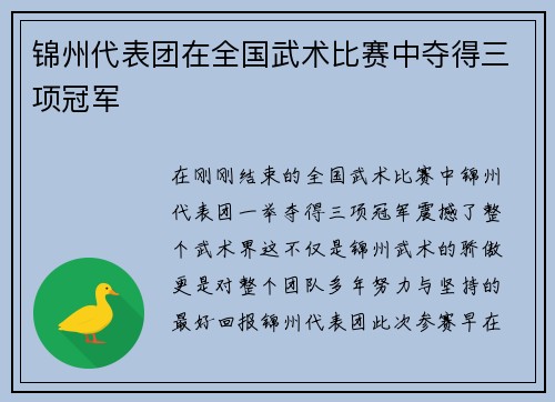 锦州代表团在全国武术比赛中夺得三项冠军